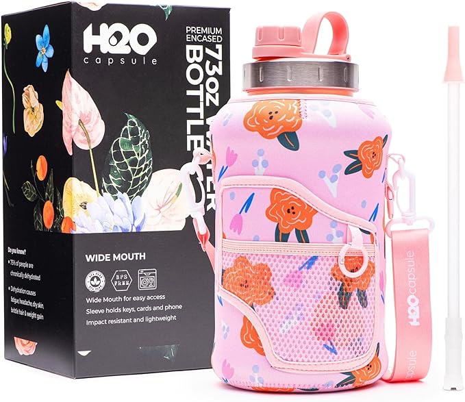 H2O Capsule 2.2L Half Gallon Wide Mouth Water Bottle with Storage Sleeve and Removable Straw - Hydration Tracker Jug with Measurements Marked – Shatterproof BPA-Free, (Poppy Love)