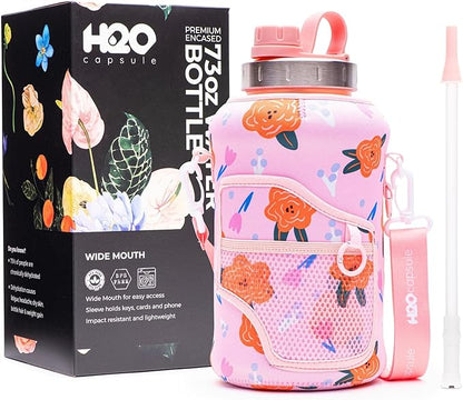H2O Capsule 2.2L Half Gallon Wide Mouth Water Bottle with Storage Sleeve and Removable Straw - Hydration Tracker Jug with Measurements Marked – Shatterproof BPA-Free, (Poppy Love)