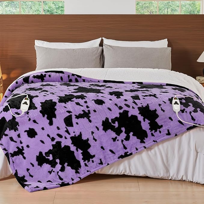Cow Print Electric Heated Blanket King Size,90X100 Purple Heating Blanket King With Dual Control&Timer&10 Heat Levels,Highland Cow Decor Fleece Sherpa Blankets Warmer Gifts for Bed Women Adults