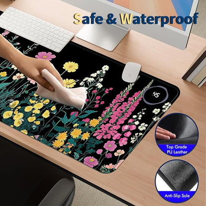 Heated Mouse Pad with 3 Temperature Settings(104°F–122°F),Large 31.5x13 Inch PU Leather Heated Desk Mat,Waterproof Warming Pad for Office,Gaming & Cold Hands Relief,Garden Flowers