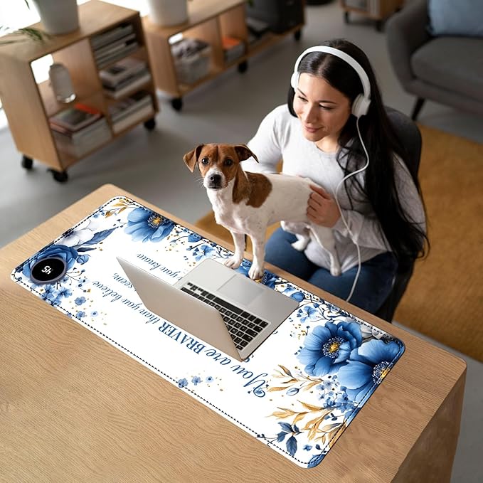 Heated Mouse Pad with 3 Temperature Settings(104°F–122°F),Large 31.5x13 Inch PU Leather Heated Desk Mat,Waterproof Warming Pad for Office,Gaming & Cold Hands Relief,Bule Flower Quotes