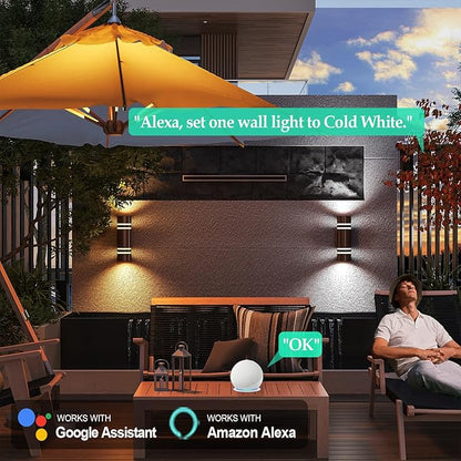 RGB Outdoor Wall Lights, Modern Color Changing Outdoor Wall Sconce, Cylinder Up and Down Bronze Porch Lights Fixture, Compatible with Smart Life & Google Alexa,for Garage,Yard,Front Door