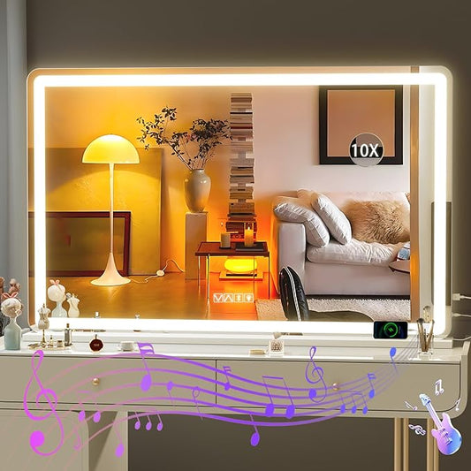 Hasipu Vanity Mirror with Lights and Bluetooth Speaker, 47.2" x 29.5" LED Makeup Mirror, Lighted Makeup Mirror with Dimmable 3 Modes, Touch Screen Control Vanity Mirror Round White