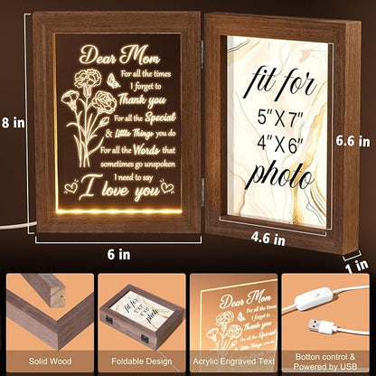 Mom Gifts from Daughters Son Unique Christmas Gifts for Mom, Engraved Night Light with Mommy Picture Frame 5x7 Solid Wood, Mother-in-Law Gift from Daughter-in-Law, Birthday New Mama Gift for Women