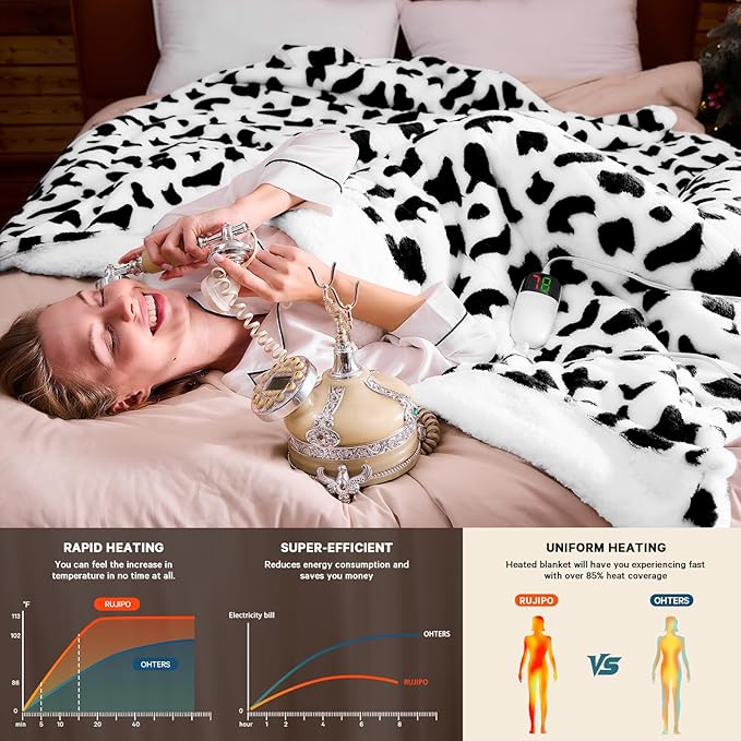Cow Print Electric Heated Blanket King Size,90X100 Black Heating Blanket King with Dual Control&Timer&10 Heat Level,Cute Cow Decor Fleece Sherpa Blankets Warmer Gifts for Bed Women Adults