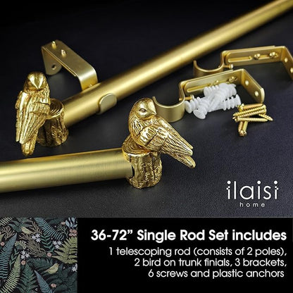 1-1/8 Inch Diameter Brushed Gold Curtain Rod with Bird Design Finials, 36-72'' Telescoping Single Curtain Rods for window width 24-68 inch, 1 pack