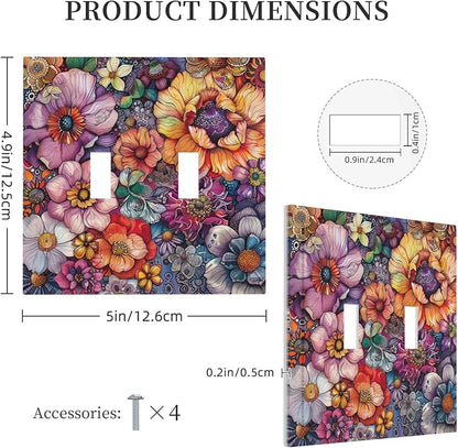 Decorative Switch Plates Colorful Bohemian Flowers Vintage Boho Floral 2 Gang Double Toggle Outlet Light Switch Cover Wall Plate Electrical Faceplate for Bed Room living Room Decor