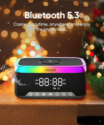 Wireless Charging Alarm Clock Radio for Bedrooms – 15W Fast Wireless Charger for iPhone/Samsung-Stereo Bluetooth Speaker with FM Radio, Dimmable Display, USB Port, Sleep Timer, Gifts for Christmas