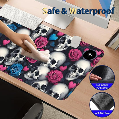 Heated Mouse Pad with 3 Temperature Settings(104°F–122°F),Large 31.5x13 Inch PU Leather Heated Desk Mat,Waterproof Warming Pad for Office,Gaming & Cold Hands Relief,Skeleton Skulls Flower