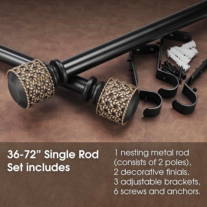 1-1/8 Inch Diameter Dark Bronze Curtain Rods with Faux Rattan Cane Woven Finials, 36-72'' Telescoping Single Curtain Rods for window width 24-68 inch, 1 pack
