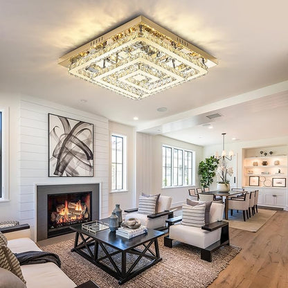 34" Modern Gold Crystal Chandelier with Remote/App Control, Dimmable Flush Mount Ceiling Light Fixture,3-Color Temperature, Led Ceiling Lamp for LivingRoom Bedroom Kitchen DiningRoom Entryway