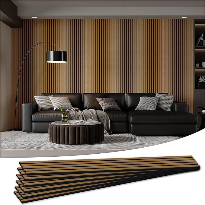 Wood Salt Acoustic Wall Panels, 6 Piece 94" x 7.9" x 0.8" Soundproof Wooden Wall Panels, 3D Fluted Sound Absorbing Panel, Natural Oak