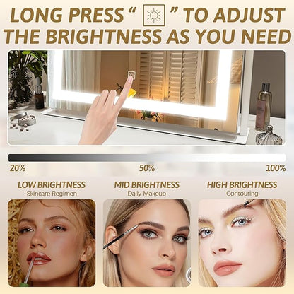ROLOVE Vanity Mirror with Lights 22"x18", Lighted Makeup Mirror with 10X Magnification, Smart Touch 3 Colors Dimmable, 360° Rotation, Women Gift, Dresser Mount, Bathroom (White)