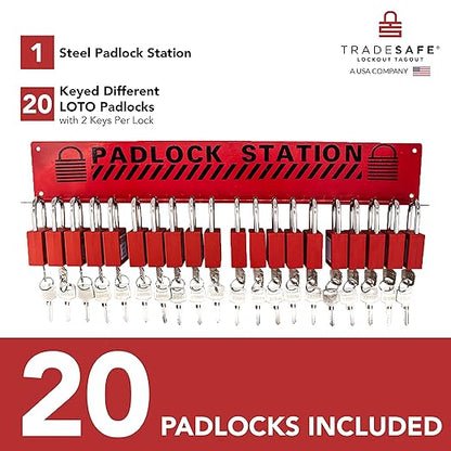TRADESAFE Lockout Tagout Locks Station - Loto Station for Lockout Locks, Safety Padlock Rack with 20 Lock Out Tag Out Padlocks Keyed Different, 2 Keys Per Loto Lock
