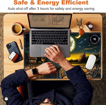 Small Heated Desk Pad 23.6" x 14.2" – Compact Electric Mouse Pad with 3 Heating Levels, Auto Shut-Off, Waterproof PU Surface, Plug-in Warmer for Office or Home Use, Mouse with Dandelion