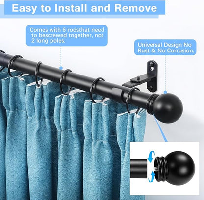 Curtain Rods for Windows 16 to 92 Inches, Curtain Rod Max Adjustable Length of 104 IN, 1" Diameter Drapery Rods Round Finials, Black, Pack of 1