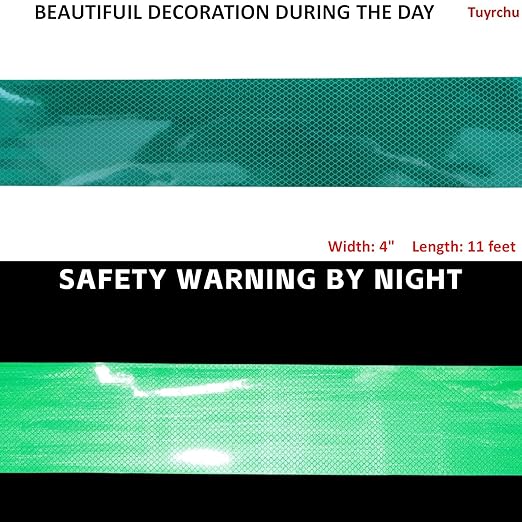 Non Fading Green Reflective Tape Outdoor Waterproof 4 inch, High Visibility Warning Industrial Marking Tape, Safety Stickers (11 feet)