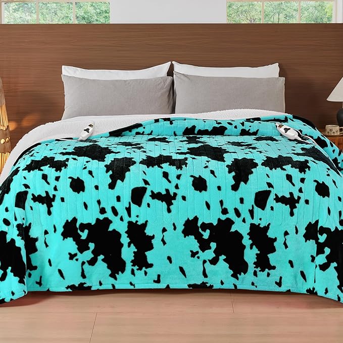 Cow Print Electric Heated Blanket Queen Size,84X90 Green Heating Blanket Queen With Dual Control&Timer&10 Heat Levels,Highland Cow Decor Fleece Sherpa Blankets Warmer Gifts for Bed Women Adults