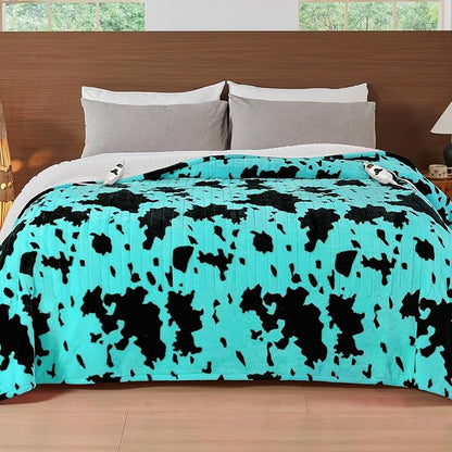 Cow Print Electric Heated Blanket Queen Size,84X90 Green Heating Blanket Queen With Dual Control&Timer&10 Heat Levels,Highland Cow Decor Fleece Sherpa Blankets Warmer Gifts for Bed Women Adults