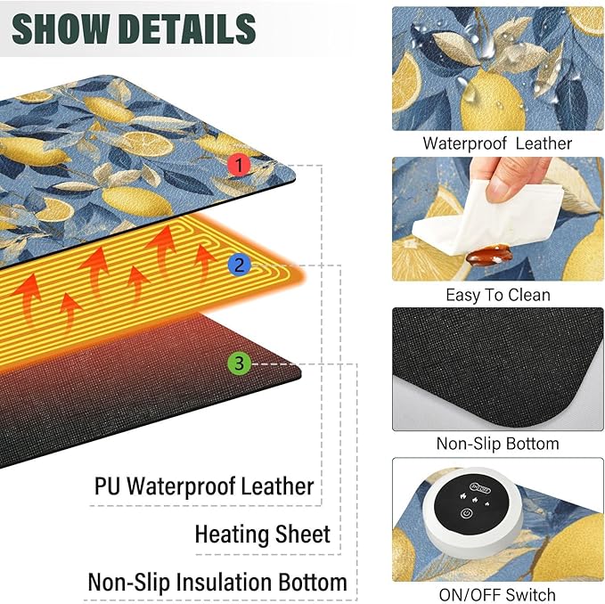 Heated Desk Pad Mouse Pad 31.5x13 Inch PU Leather Desk Mat with 3 Heat Levels Large Mouse Gaming Computer Laptop Mat Blue Lemon Leaves