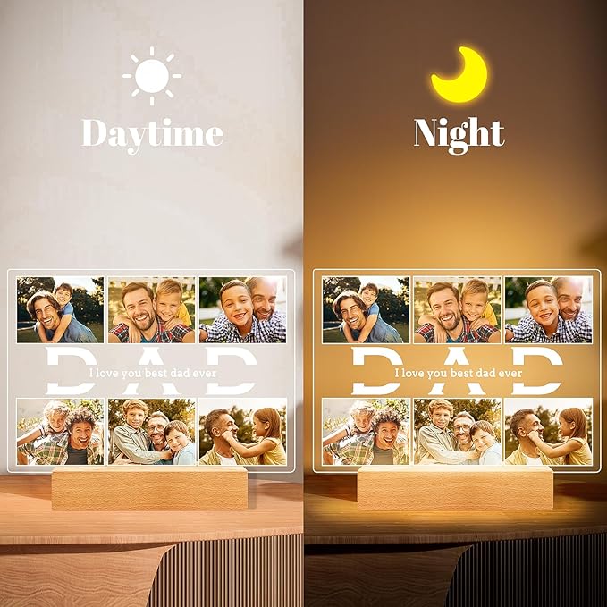Personalized Gifts for Dad from Daughter and Son, Custom Picture Frames with Photos, Personalized Photo Frame with Night Light, Customized Birthday Gifts for Dad Baby Kid Family