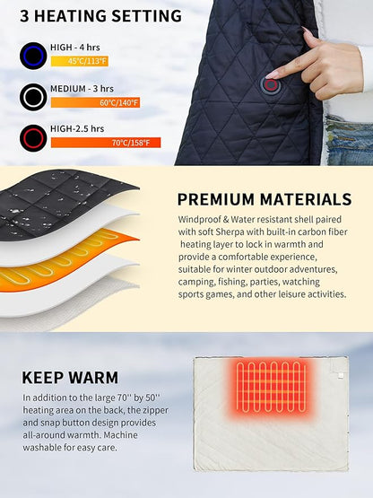 Heated Blanket Battery Operated,12V Cordless heating pad with 15000 battery,Heated Shawl Throw Blanket,Wearable Heated Blanket,Sherpa Lining,3 Heating Set for Outdoor Camping,Backpacking,Hiking,Travel