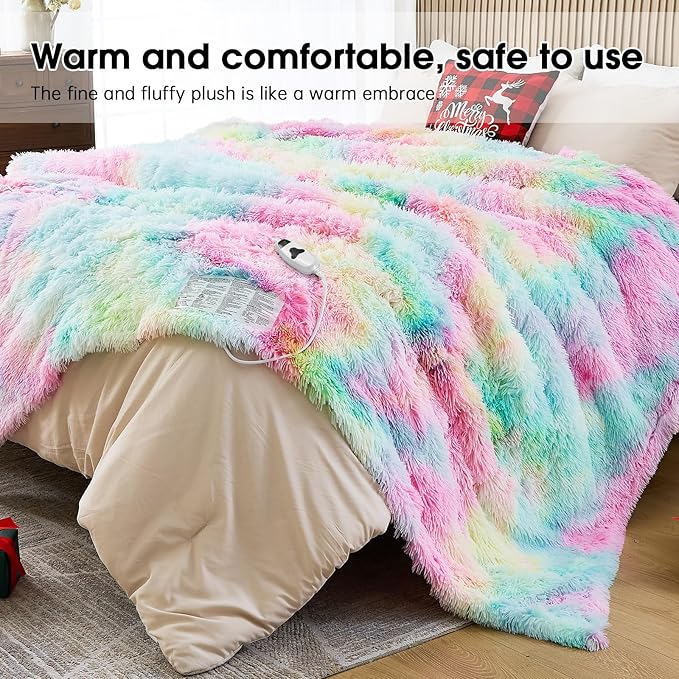 Heated Electric Blanket Queen,Warm Winter Birthday Gifts for Women Her Grandma–Faux Fur with Soft Sherpa,10 Heat Settings,5 Time Settings with Fast Heating, 84x90, Rainbow