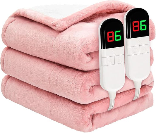 Heated Blanket King 90"×100" - Premium Cosy Soft Electric Blanket with 6 Heating Levels, Dual Control Fast Heating Flannel Sherpa Blanket for Bed & Couch, Auto Shut Off/Machine Washable (Pink)