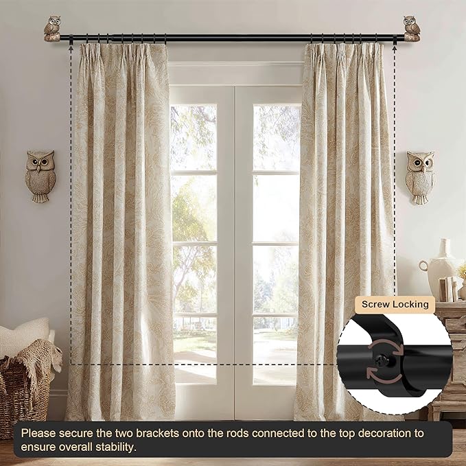 2 Pack Vintage Decorative Black Curtain Rods for Windows 28 to 48 Inch Adjustable Heavy Duty 1'' Diameter Curtain Rod with Owl Finials for Bedroom Living Room Kitchen Farmhouse (18-60'')