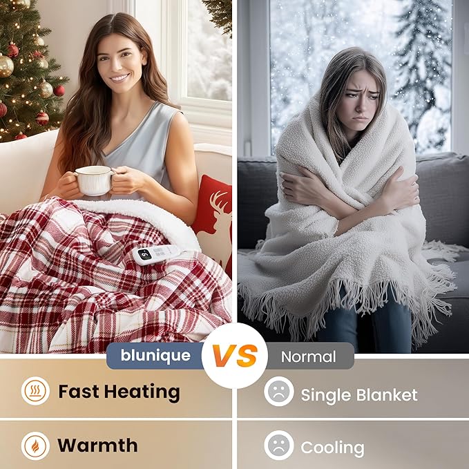 Christmas Heated Blanket Electric Throw 50''x60''Ultra Soft Plaid Flannel Fast Heating Electric Blanket with 10 Heat Levels & 10 Hrs Auto Off, ETL Certified, Keep Warm in Couch Bed Office