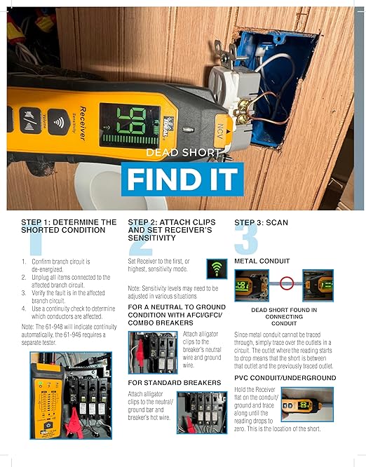 Ideal Electrical SureTrace Plus Circuit Tracer (61-948) 0-600 Volts AC/DC with Built-in Continuity Test and High-Visibility Displays — Find Breakers, Fuses, Wires, Dead Shorts, and Splice Errors