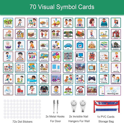 KIKIGOAL Kids Visual Schedule Calendar Chart, 2 in 1 Autism Daily Chore Routine Chart with 70 Cards Autism Learning Materials Kids Visual Behavioral Tool Wall Planner for Home School (Blue)