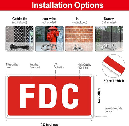 FDC Sign, 2 Pack FDC Sign Outdoor Aluminum Metal Sign, FDC Signs for Fire Department Connection, UV Protected Weather Resistant and Easy to Install (Size: 12x6 inches)