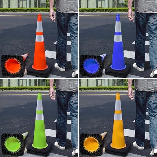 6 Pack 36" Large-Sized PVC Traffic Cones with Heavy-Duty Black Base, Garage Parking Lot Cones Structurally Stable Weatherproof Road Construction Safety Cones (6, Blue, 36" Extra Large)
