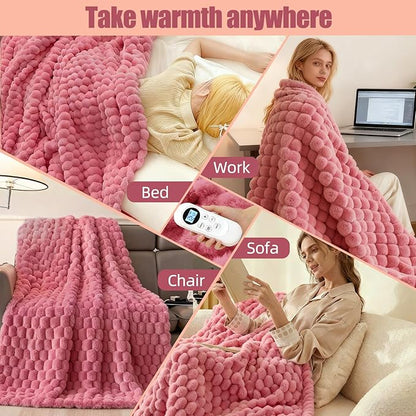 Electric Blanket 50" x 60" Soft Ribbed Faux Fur Flannel Quick Heat 12 Heat Levels 1-12 Hour Timer & Overheat Protection & Auto Shut Off & ETL FCC (Blush Pink, Throw 50" x 60")