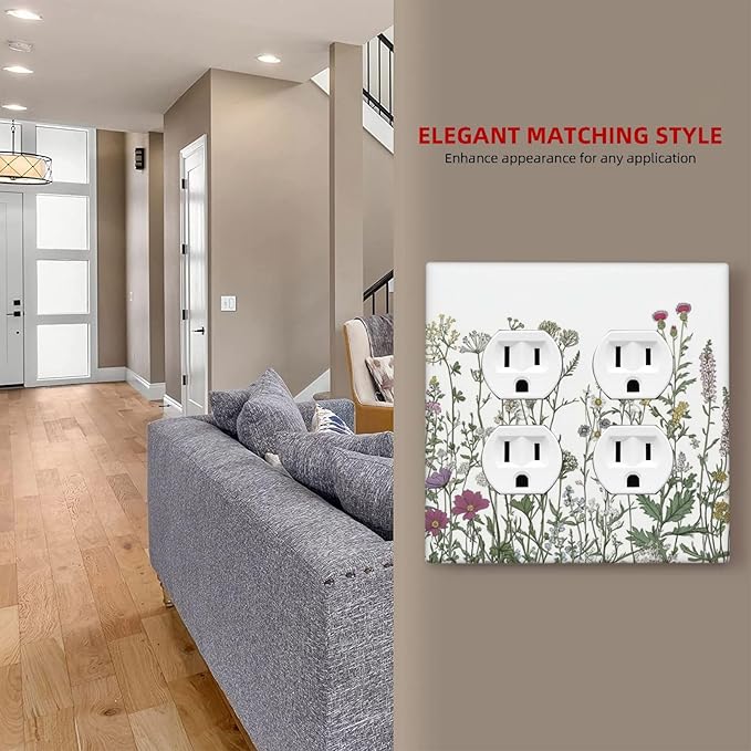 Vintage Herbs Wildflowers Plant Floral Outlet Covers 2 Gang Double Duplex Decorative Light Switch Covers Electrical Wallplates Socket Faceplate For Bed Room Home Decor