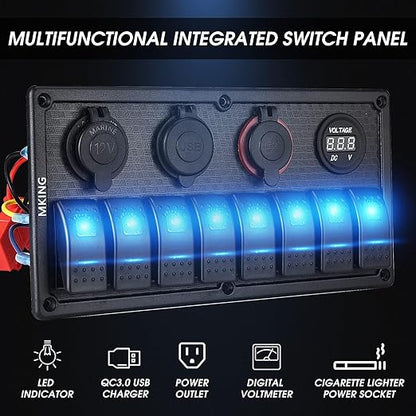 MKING Marine Switch Panel - 8 Gang Waterproof Rocker Panel With Circuit Breaker, USB & Type-C Charger, Digital Voltmeter, Cigarette Socket, 12V Blue LED