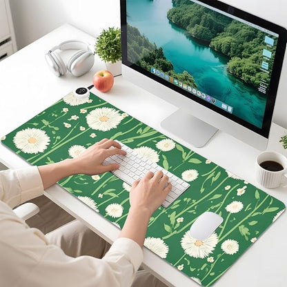 Heated Desk Pad Mouse Pad 31.5x13 Inch PU Leather Desk Mat with 3 Heat Levels Large Mouse Gaming Computer Laptop Mat Green Dandelion and Daisy