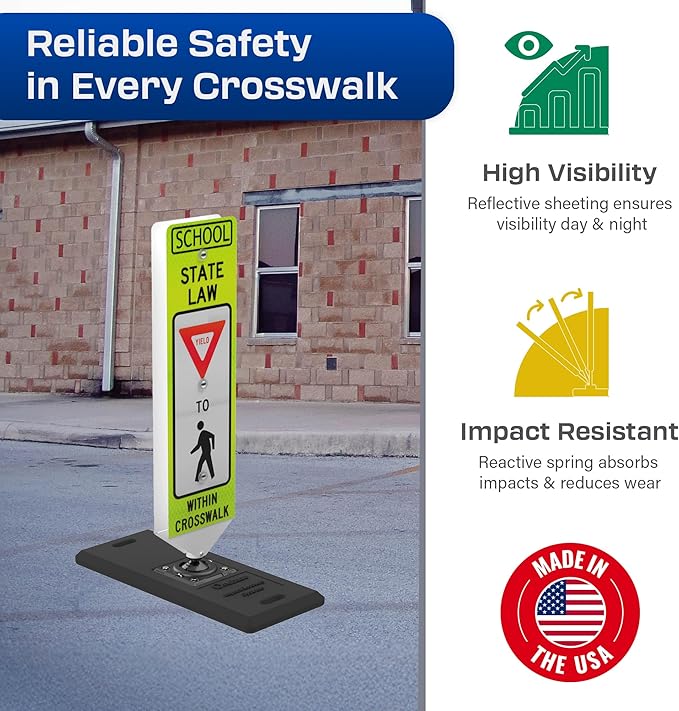 Impact Recovery - In-Street Pedestrian Crossing Signs - Street Sign - Road Safety School Yield Sign with Portable Base