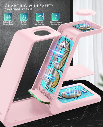 3 in 1 Wireless Charging Station, 2025 Upgraded Fast Desk Charger Station for iPhone 17 16 15 14 13 12 Pro Max Plus, Charger Stand for Apple Watch 10 9 8 7 6 5 4 3 2 SE, Airpods 4 3 2 Pro(Pink)