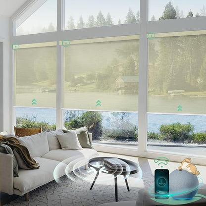 Yoolax Smart Blinds, Motorized Matter Solar Shades Flame Resistat Automatic Blinds for Windows Motorized Shades Compatible with Alexa, Google Home, Homekit(Solar-14% Openness Golden Mesh)