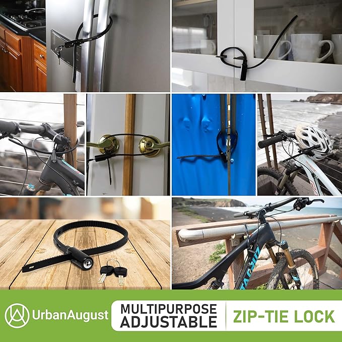 Urban August Adjustable Zip Tie Lock for Refrigerator Door Cabinet Bike Stroller Helmet - Multi-Purpose Keyed French Door Lock (10 Pack Keyed Alike)