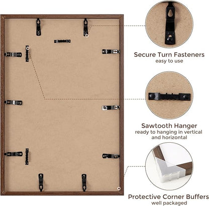 Fun Memories Solid Oak Wood Picture Frame 12"x18" for Wall - Tempered Real Glass, Matted to 8.5x11, Poster Frame (Walnut Color, 1 Pack)