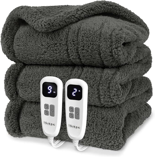 Heated Blanket Electric Blanket Queen - Fast Heating Blanket Throw Dual Control Double Sided Sherpa with 10 Heating Levels & 2-10 Hours Auto Off, Mashine Washable, 84 x 90 Inches, Grey