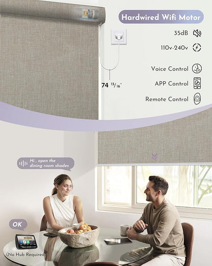 Graywind Smart Blackout Roller Shades Compatible with Alexa Google WiFi Hardwired Triple Weaved Fabric Motorized Blinds Remote Window Shades, Custom Size (Light Coffee)