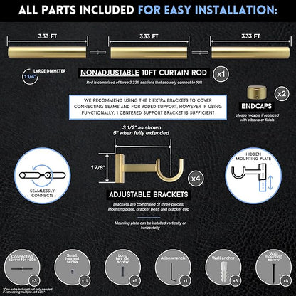 BlastHome® Non-Adjustable Luxury Curtain Rods for Windows, 1 ¼” Rod Set, 10 foot Fixed Length (Three Rods Connect for a Seamless Look), Brushed Gold