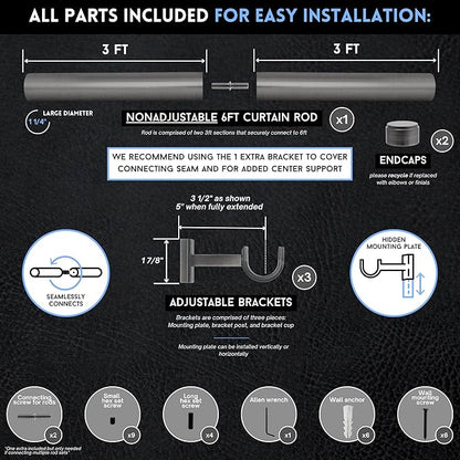 BlastHome® Non-Adjustable Luxury Curtain Rods for Windows, 1 ¼” Rod Set, 6 foot Fixed Length (Two Rods Connect for a Seamless Look), Gunmetal/Pewter