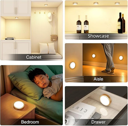 Rechargeable Puck Lights with Remote Control,LED Under Cabinet with Full-Screen,3 Color Temperatures Stick On Lights Wireless, Tap Light for Kitchen,Cabinet,Counter,Closet,Shelf,2 Pack, Gold