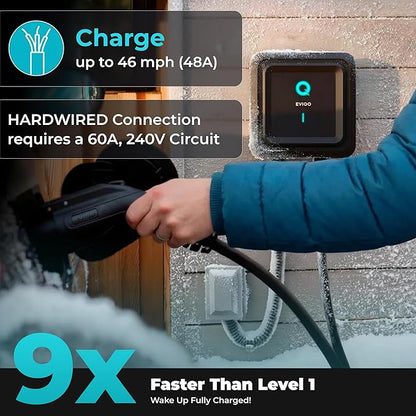 EVIQO EV Charger Level 2 48 Amp - Level 2 EV Charger Hardwired, 240V Electric Vehicle Charging Stations, J1772 Chargers 11.5kW, Wall EV Chargers for Home, EVSE EV Charging Station 25' Cord - Gen 2