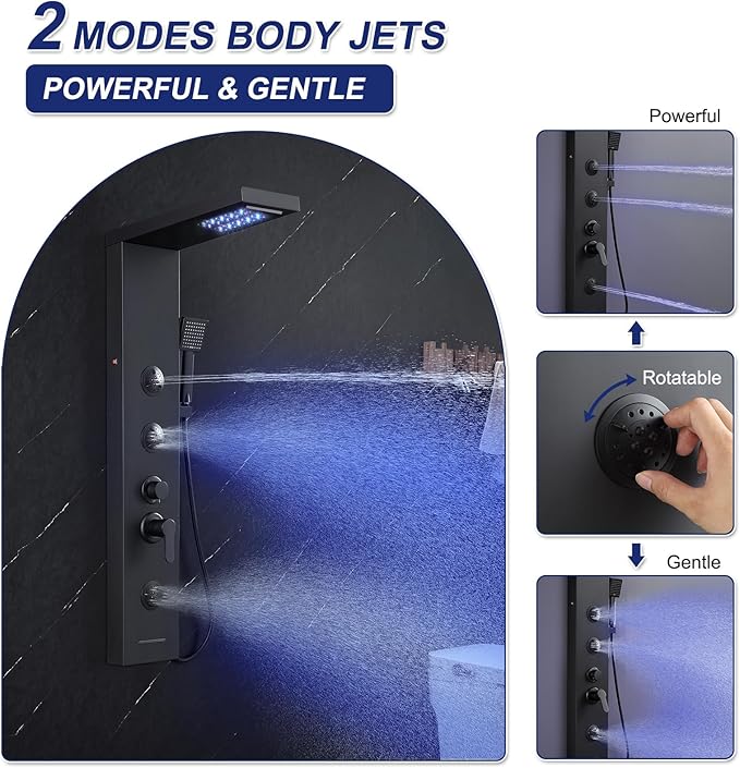 ROVATE LED Shower Panel Tower System with Rainfall Waterfall Shower, Matte Black Shower Panel with Jets and Rainfall and Handheld, 5 in 1 Stainless Steel Shower Tower High Pressure with Tub Spout